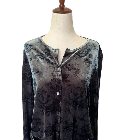 Vintage Ivy + Sage Green Floral Velour Button Front Top w/ pockets Cottagecore - Picture 2 of 7